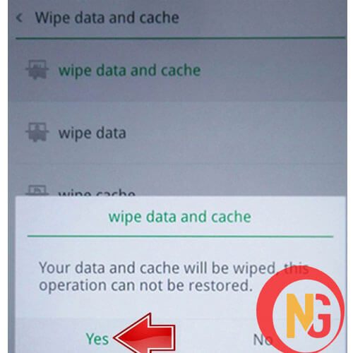 Chọn Wipe data and cache, chọn tiếp yes để khôi phục cài đặt gốc